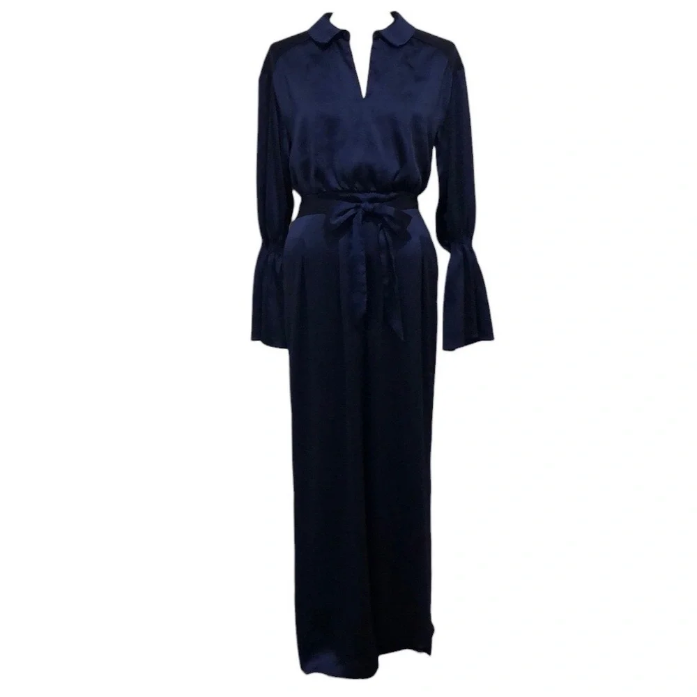 Three Floor Brigitte Jumpsuit Size US 6 Small Navy Blue Satin Ruffle Bell Sleeve - Picture 1 of 11